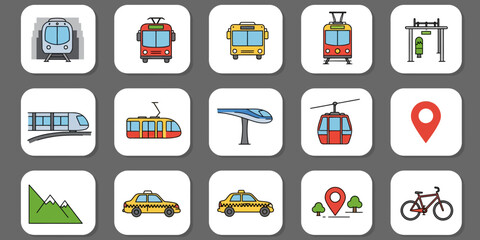 A grid of fifteen flatdesign transportation and location icons on a gray background