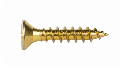 A single brass flat head wood screw with sharp threads, isolated on a clean white background for construction or carpentry projects