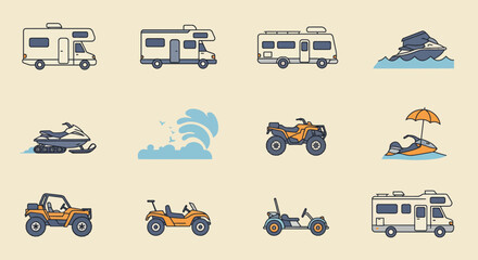 A grid of twelve lineart recreational vehicle and water sports icons on a beige background © Faisal