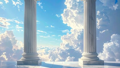 Ancient columns frame a cloudy sky