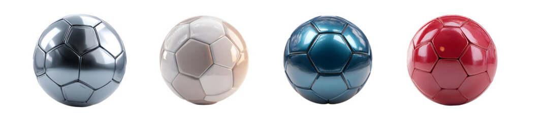 Naklejka premium Set of four colorful metallic soccer balls isolated on a white background.
