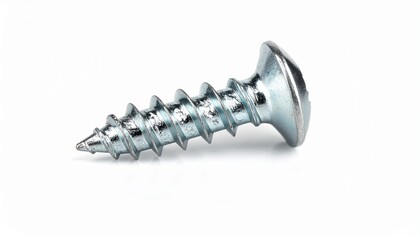 Close-up of a single short metal wood screw with a countersunk flat head and cross slot, isolated on a clean white background