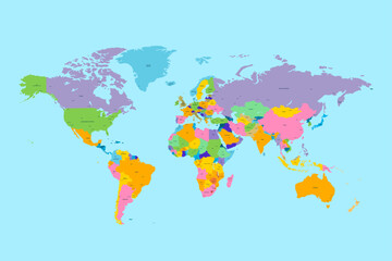 Obraz premium Colorful political world map with countries borders and names isolated on blue background vector illustration