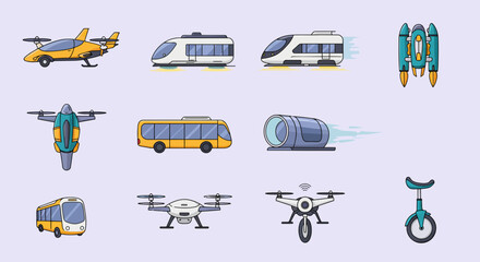 An array of twelve future and modern transportation icons on a light purple background