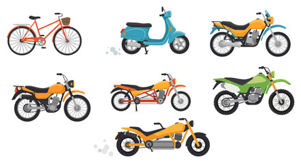 Assortment of bicycles scooters and motorcycles in vector illustration style