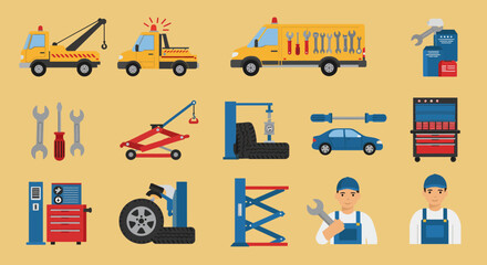 Automotive repair icons including tow trucks tools vehicles lifts and mechanics
