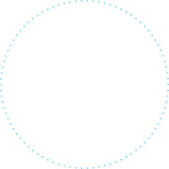 This is a minimalist graphic image featuring a large circle composed entirely of small, sky blue dots. These dots are evenly spaced and form a perfect circular outline against a plain.