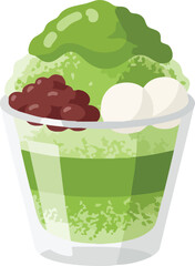 A glass cup filled with matcha dessert, featuring layers of matcha ice cream, red bean, and mochi.