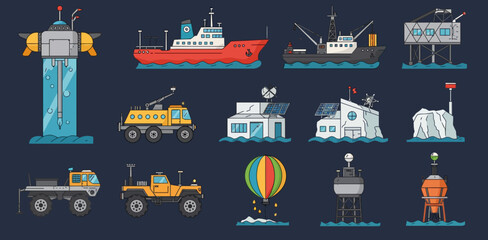 Naklejka premium Collection of illustrated ArcticAntarctic research vehicles vessels stations and buoys