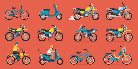 Flat design illustration of bicycles scooters and motorcycles arranged in rows