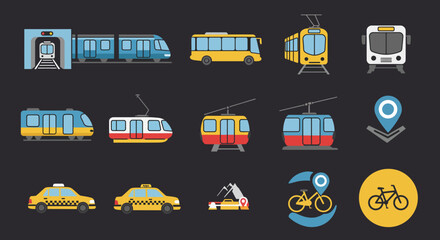 Flat icons of various public and private urban transport vehicles on a dark background