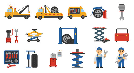 Flat style vector icons of tow trucks vehicle lifts tools and mechanics