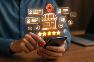 "Local business review system with customer ratings, mobile feedback, online reputation management and digital store satisfaction concept"