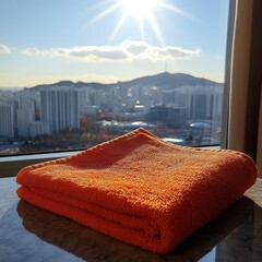 Obraz premium Orange towel folded on a table, city view