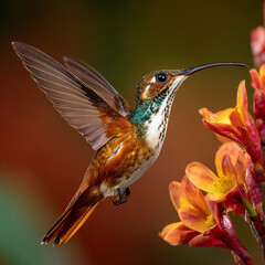 Fototapeta premium Rufous-tailed Hummingbird with iridescent green, orange, and white plumage hovering in flight near a vibrant orange tropical flower, feeding nectar.