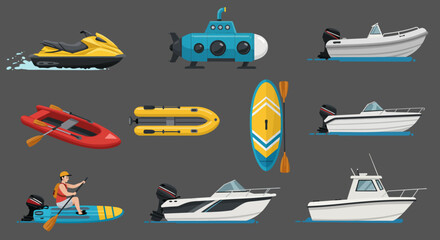 Nine distinct watercraft illustrations arranged in a threebythree grid