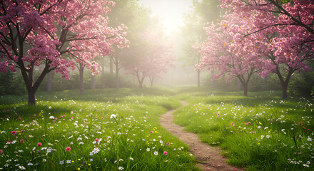 Pink Blossom Tree Orchard Pathway in Sunlit Spring Park