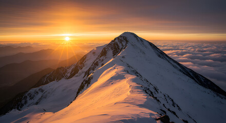 Snow Covered Mountain Peak During Sunset with Vibrant Sky and Cloud Layer