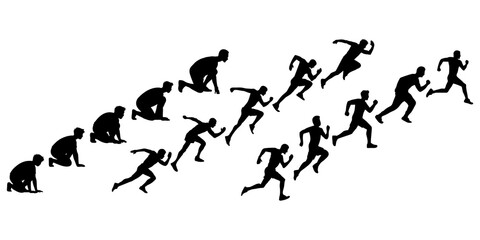 Sequence of sprinting runners silhouetted, from start to full speed