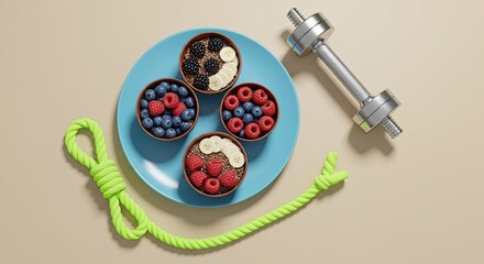 Healthy lifestyle concept featuring fruit bowls with dumbbell and jump rope on table