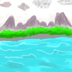 A hand made Mountains, Lush Greenery, and Turquoise Waters
