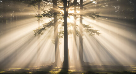 Sunlight Filtering Through Tall Forest Trees During Morning in Mystical Nature Scene
