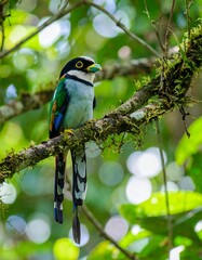 A vibrant bird perched on a mossy branch in a lush forest