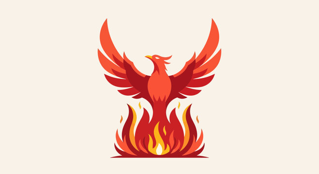 Dynamic flat vector illustration of a majestic phoenix bird rising from vibrant flames, symbolizing rebirth, power, and triumph, ideal for spiritual or business branding and identity design