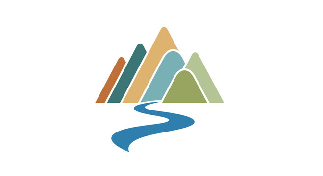 Modern vector logo design showcasing abstract geometric mountains with a winding river, symbolizing nature's flow and majestic landscapes