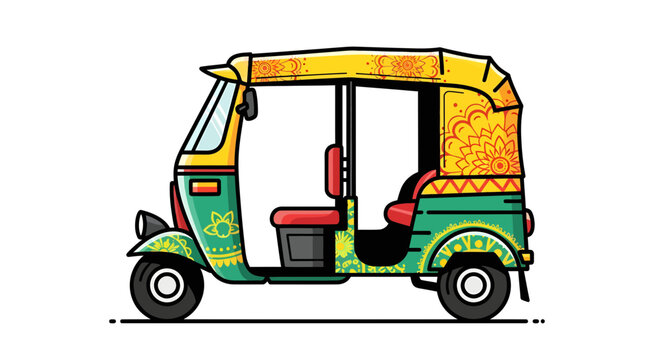 Stylized vector auto rickshaw illustration, featuring vibrant colors and traditional patterns, depicting urban Indian transport culture with a charming simplified design