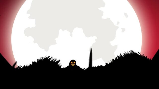 Halloween scene; under the full moon the devil appears and floats around

