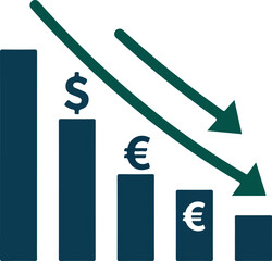 Economic decline represented by falling bar graph and currency symbols.