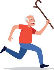 Elderly man running with a cane full of energy and joy happy to move.