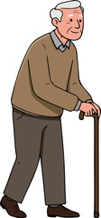 Elderly man with a cane walking forward.