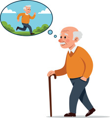 Elderly man with cane dreams of running and youthful energy.