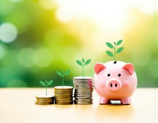 business finance and saving money concept Money coin stack growing graph with piggy bank saving conceptplant growing up on coin ui interface user
