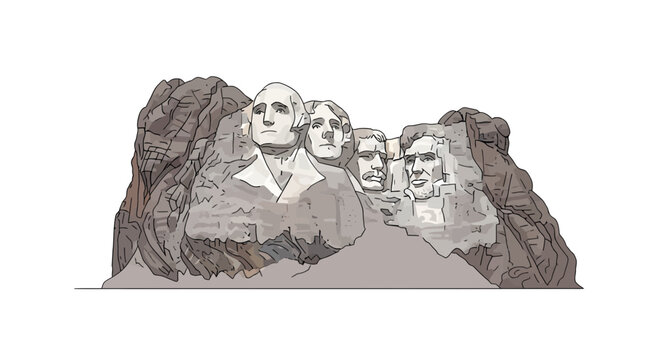 Stylized illustration of Mount Rushmore, depicting the iconic granite carvings of four U.S. presidents, a timeless symbol of American history and monumental achievement