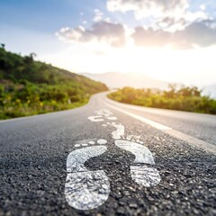 Follow your dreams on the open road to success with sunny skies and a clear path forward, inspirational journey concept with footprints
