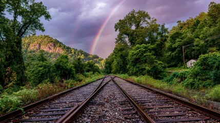 Fototapeta premium Rainbow over railroad tracks