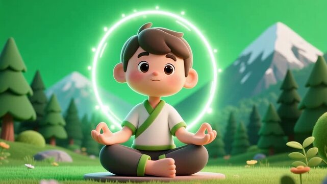 Cartoon character meditating cross-legged, glowing aura around them, green screen background allows replacement with peaceful forest or mountain