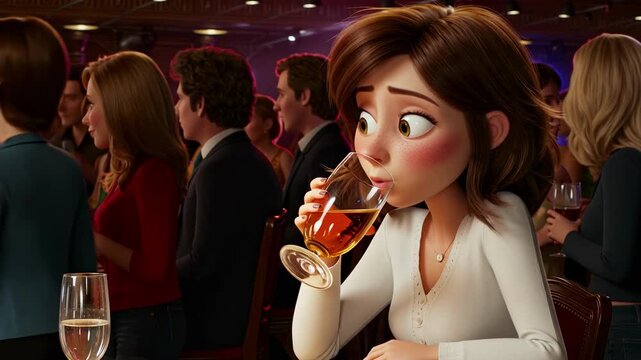 Cartoon introvert nervously holding drink at party, shifting eyes while background can be replaced with party crowd or nightclub.