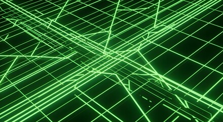 Green Neon Digital Grid with Abstract Futuristic Lines on Black Background