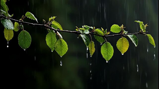 Raindrops falling on green leaves during a gentle rain shower.