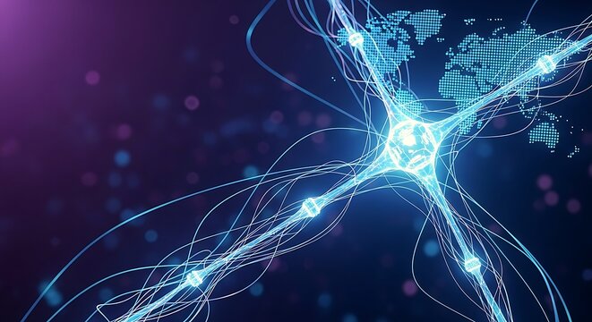 Abstract Digital Neural Network With Glowing Blue Lines Connecting Points. Dotted World Map In Background. Representing Global Data, AI, And Futuristic Technology.