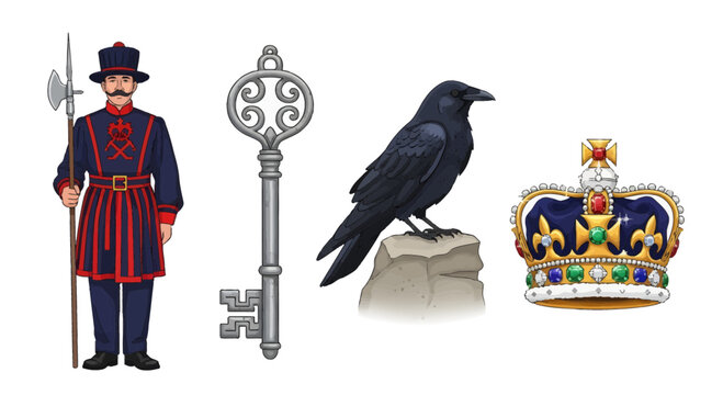 Illustrative Vector Elements Beefeater, Key, Raven, Crown, Symbols of British Heritage