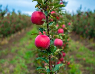 Ripe red apples on a branch in an orchard