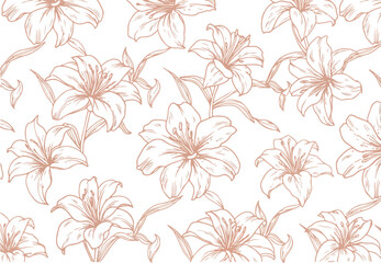 Elegant floral pattern featuring detailed lily flowers with delicate petals and stems.