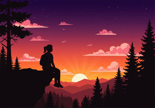 Silhouette of a woman sitting on a cliff edge, gazing at a vibrant sunset over a mountainous forest landscape.
