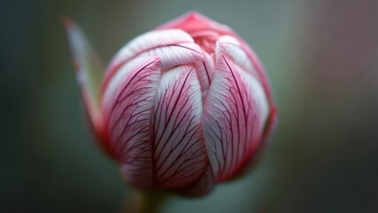 Close-up of a pink and white flower bud, delicately veined