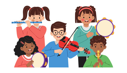 Illustration of a group of children playing musical instruments together. Plain white background.